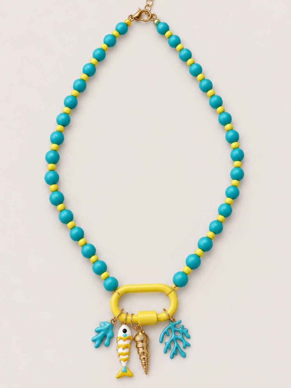 New! Blue Yellow Beaded Fish Carabiner Necklace NWOT 3022